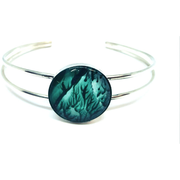 Jade simplicity cuff bangle stunningly hand painted in bees wax and sealed in glass. Silver bangle. 