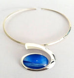 Blue seascape large wave choker stunningly simple and beautiful hand painted in wax and sealed in glass