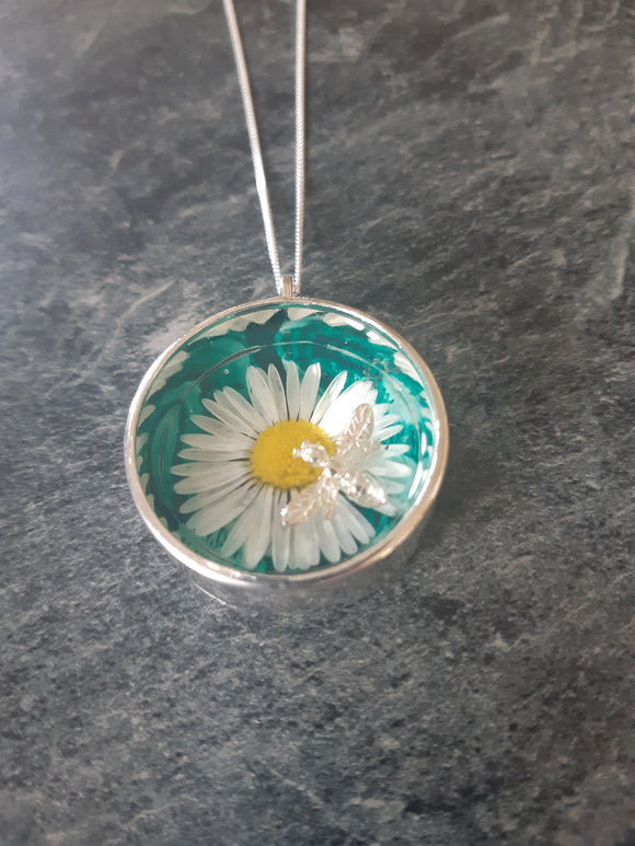 daisy pendant by Val B's Wax Jewellery unique sterling silver bee real flower hand painted in wax 