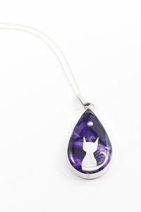 Silver moon cat teardrop pendant perfect for cat owners or lovers hand painted in bees wax and sealed in resin for and amazing finish 