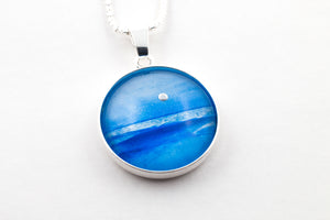 Sterling silver blue moon scape pendant stunningly hand painted in bees wax and sealed in glass 