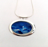 Silver moon seascape large tube pendant hand painted in bees wax and sealed in glass for the beautiful cabochon 